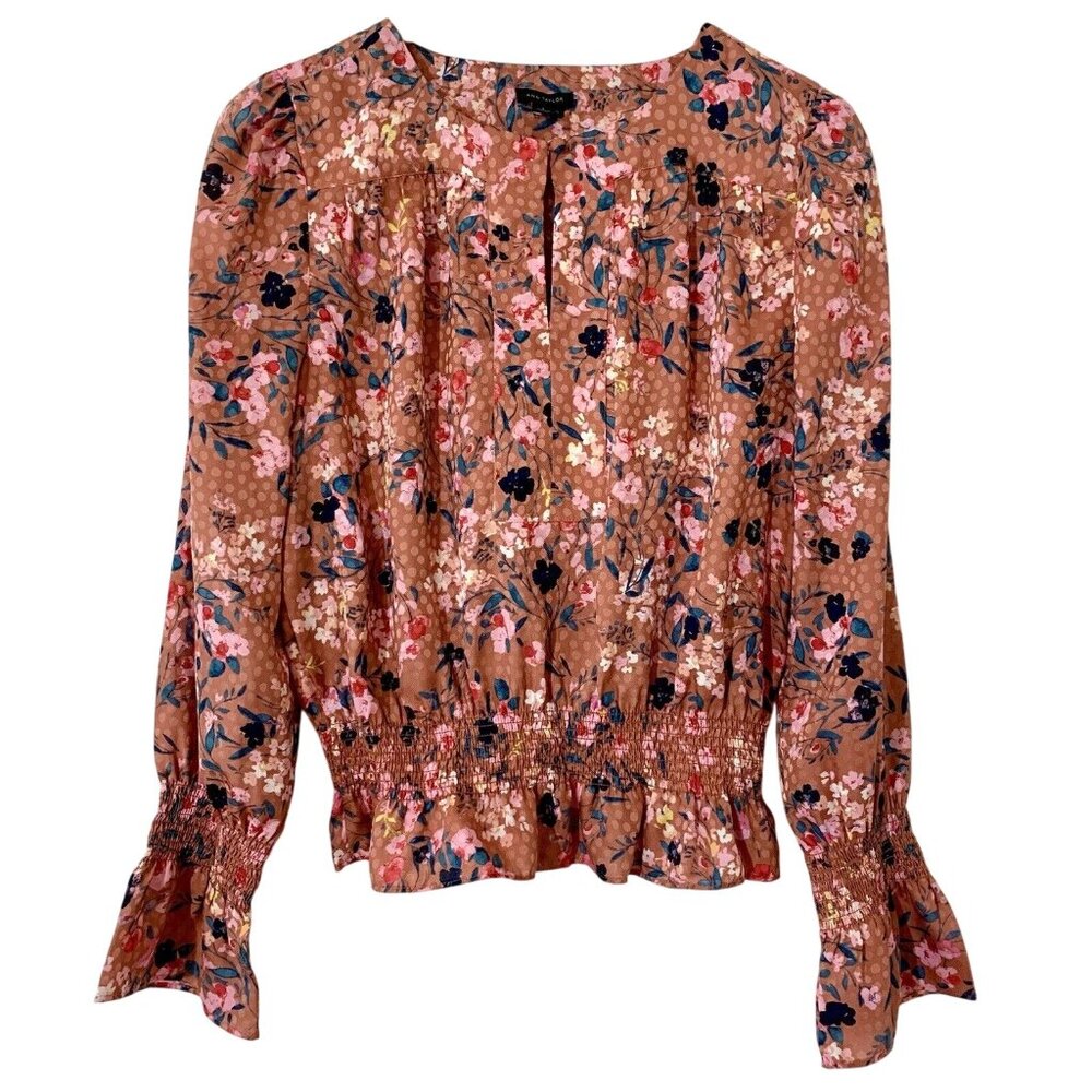 ANN TAYLOR Bright FLOWY Floral Blouse Pleated Tulip Sleeves & Waist - SZ S- EUC